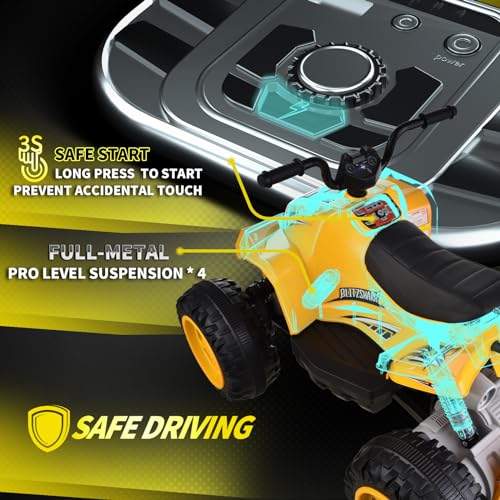 Blitzshark 24V Ride on ATV Kids Quad 4-Wheeler Electric 4WD, with 4X75W Powerful Motors, 9AH Large Battery, 6 MPH Max Speed, Easy-Drag, Soft Brake, Full-Metal Suspension, Wireless Music Player, Black