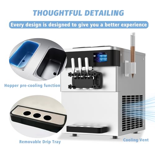 Commercial Ice Cream Maker Machine 2450W Soft Serve Ice Cream Machine 5.3 to 7.4 Gal/H 3 Flavors 110V Ice Cream Machine with Pre-cooling, Auto Clean,LCD Panel for Snack Bar Restaurants
