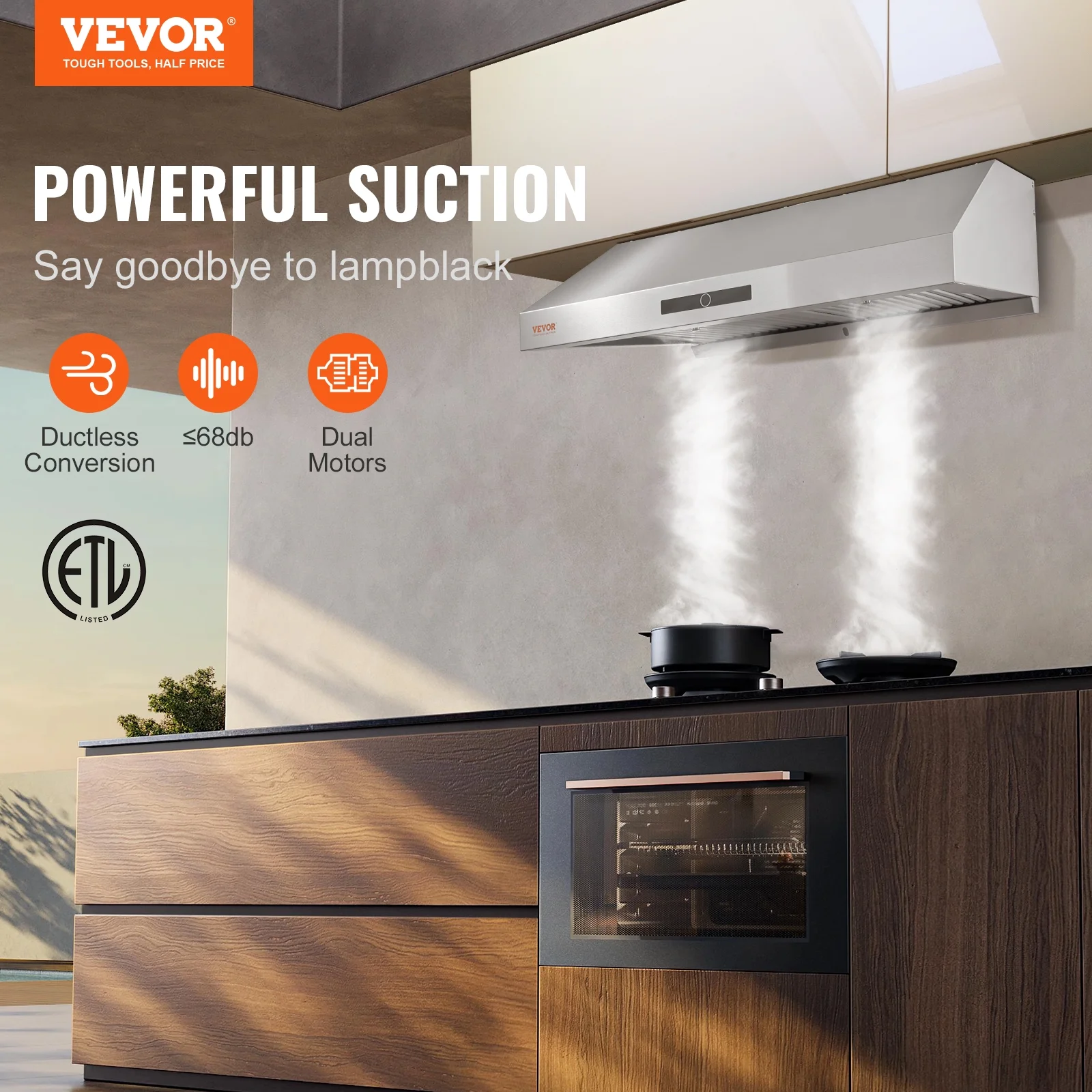 BENTISM 30inch Under Cabinet Range Hood ，558cfm 3 Speed Exhaust Fan,110V Ductless Kitchen Vent Range Hoods Stainless Steel LED with Touch Control Panel Ultra-Quiet