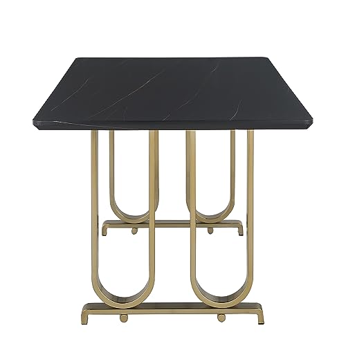 Faux Marble Dining Table for 6 Person, 63" Marble Kitchen Table with Craft Glass Tabletop and Black Legs, Luxury Large Long Dining Room Table for Home Kitchen Office (Table Only)