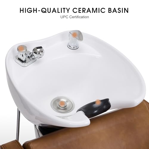 BarberPub Backwash Shampoo Station Chair, Adjustable Porcelain Ceramic Hair Wash Bowl Sink Unit Station, Reclining Shampoo Station Chair for Spa Beauty Salon Hair Salon Equipment 9303 (Beige)