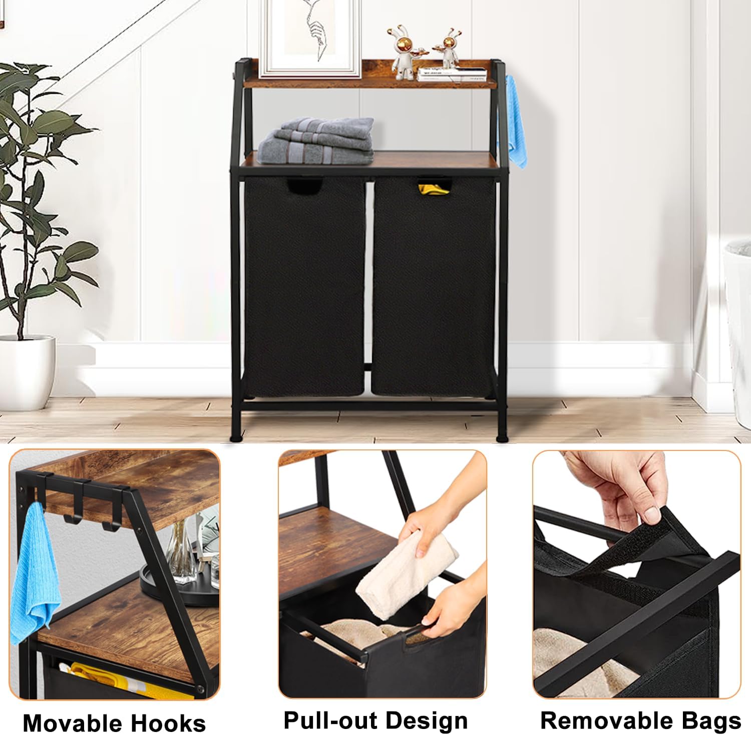 Console Table and Laundry Sorter 2 Section Bundles, Hallway Entrance Table, Rolling Laundry Basket with Wheels, for Living Room, Laundry Room, Rustic Brown