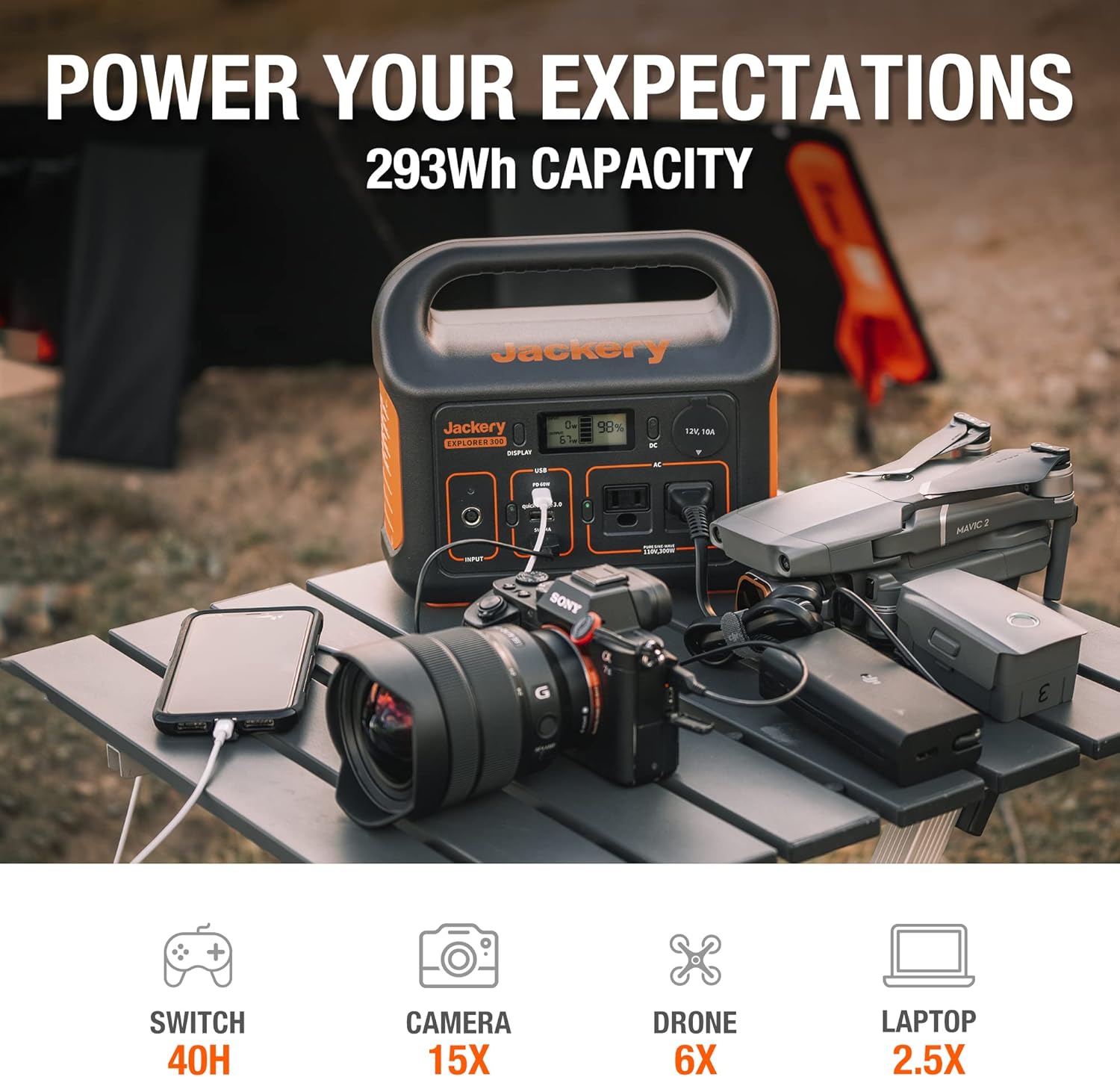 Jackery Portable Power Station Explorer 300, 293Wh Backup Lithium Battery, 110V/300W Pure Sine Wave AC Outlet, Solar Generator (Solar Panel Not Included) for Outdoors Camping Travel Hunting Blackout