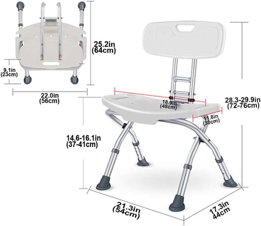 Elderly Bath Stool, Folding Bath/Shower Bench with Back Elderly Bath Chair Shower Stool Safety Seat Bathroom Adjustable Positions 37-41Cm with Anti-Slip Rubber Feet for Travelling and Compact