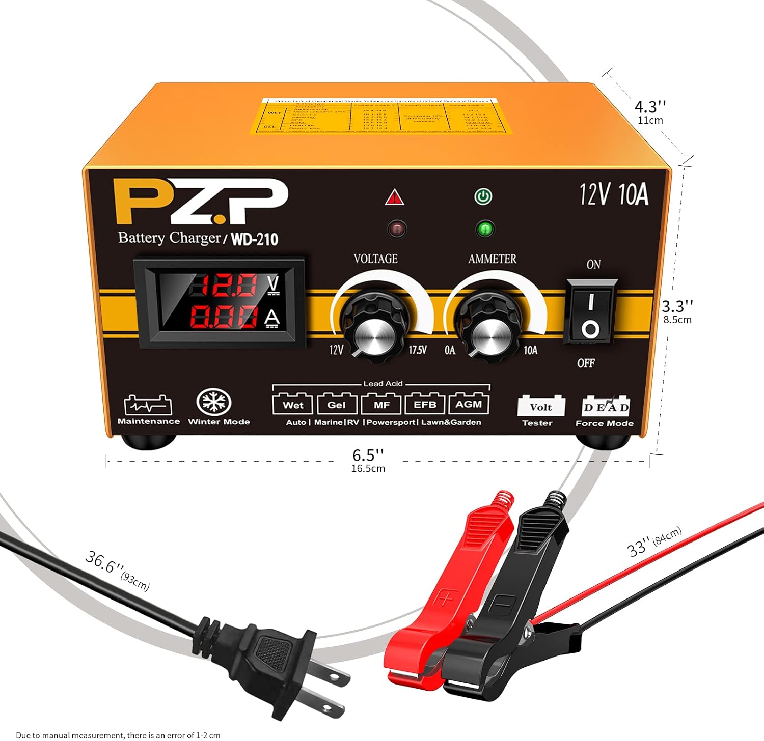 12 Volt Manual Battery Charger Automotive 12v/10a Smart Battery Charger for Marine Boat Battery Trickle Charger 10A with Adjustable Current and Voltage Professional Battery Maintainer by PZ.P