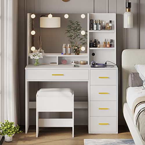 AOGLLATI Makeup Vanity Set with Lights, Vanity Desk with Mirror and Lights, White Vanity Table with Cushioned Stool, Makeup Desk with Charging Station, Visible Drawers, Open Storage Shelves