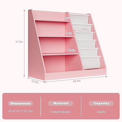 White Kids Bookshelf Wood Toy Storage Organizer Cabinet Children Bookcase Toddler Baby Sling Book Rack 3 Cube Bins Fabric Drawers for Playroom Bedroom Nursery School