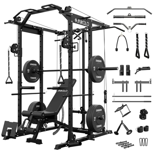 Mikolo Power Cage, Power Rack with Cable Crossover System, 1500LBS Squat Rack with LAT Pull Down System, Workout Cage with Pulley System for Fitness Home Gym