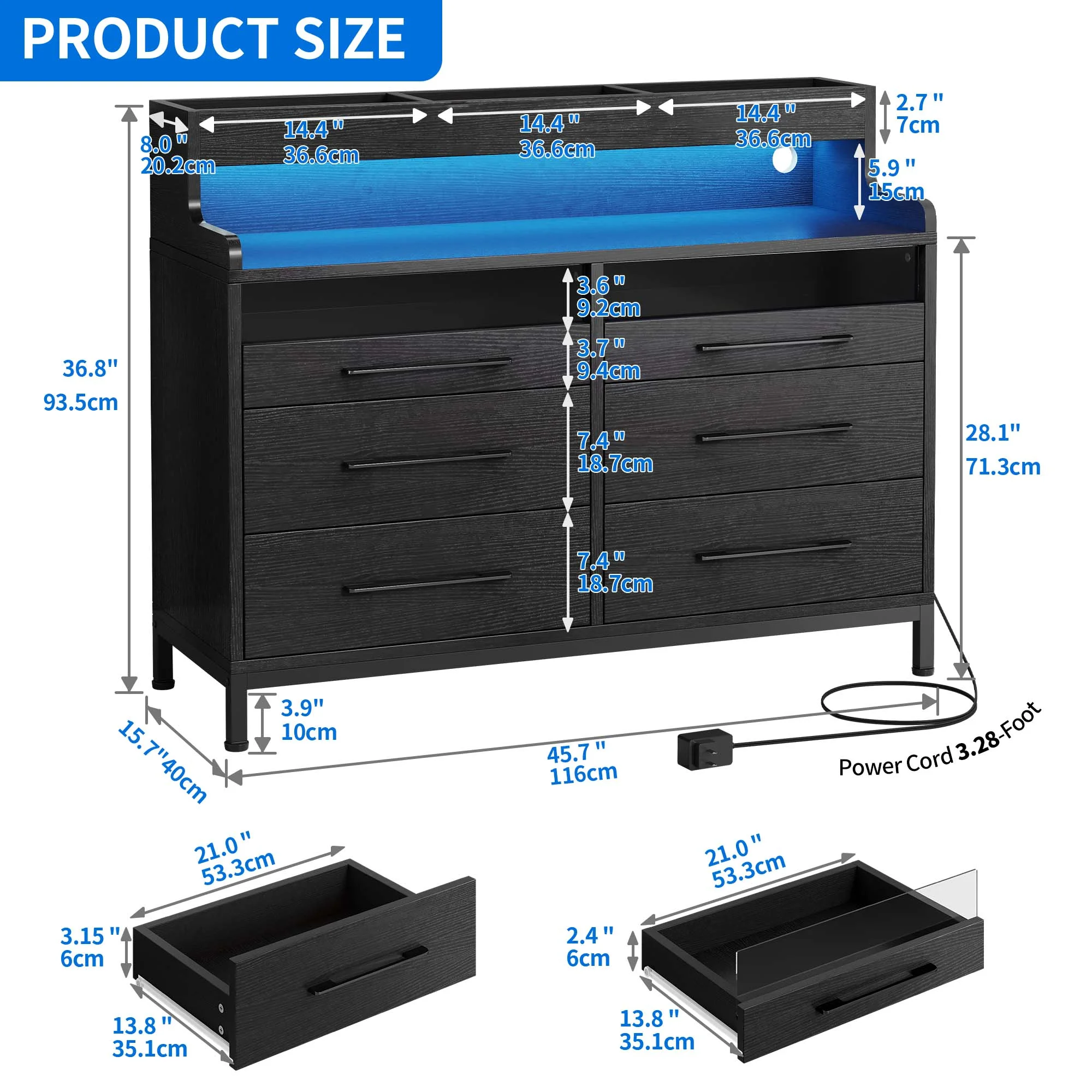 DWVO 6 Drawer Dresser for Bedroom, Double Dressers & Chests with LED Light & Open Storage, Modern Chest Organizer for Bedroom, Living Room, Entryway, Hallway, Black