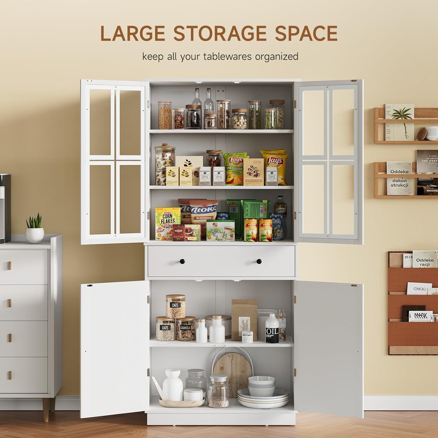 Kitchen Pantry Storage Cabinet, Tall Pantry Cabinet with Glass Doors and Large Drawer, Freestanding Pantry Cupboard with 3 Adjustable Shelves for Kitchen, Dining Room, Living Room, White