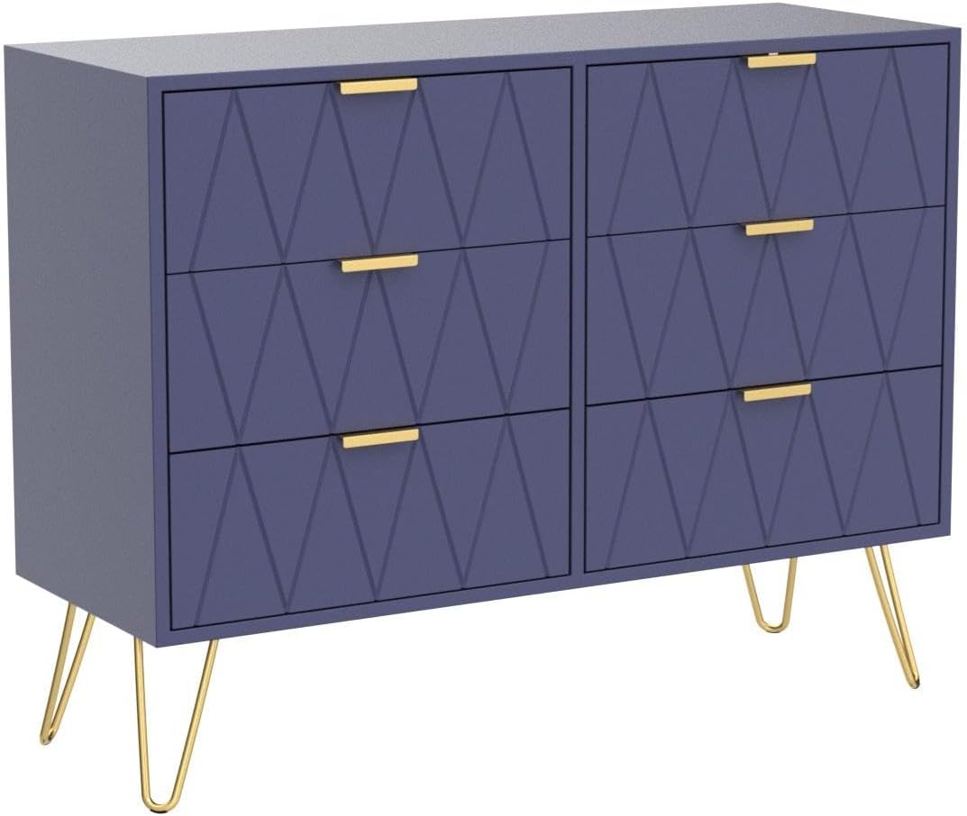 Anbuy Navy Blue 6 Drawer Dresser for Bedroom, Large Double Dresser with Wide Drawers and Gold Handles, Chest of Drawers