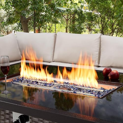 U-MAX 44in Outdoor Propane Gas Fire Pit Table, 50,000 BTU Auto-Ignition Gas Firepit with Glass Wind Guard, Black Tempered Glass Tabletop & Blue Glass Rock, Brown PE Rattan, CSA Certification