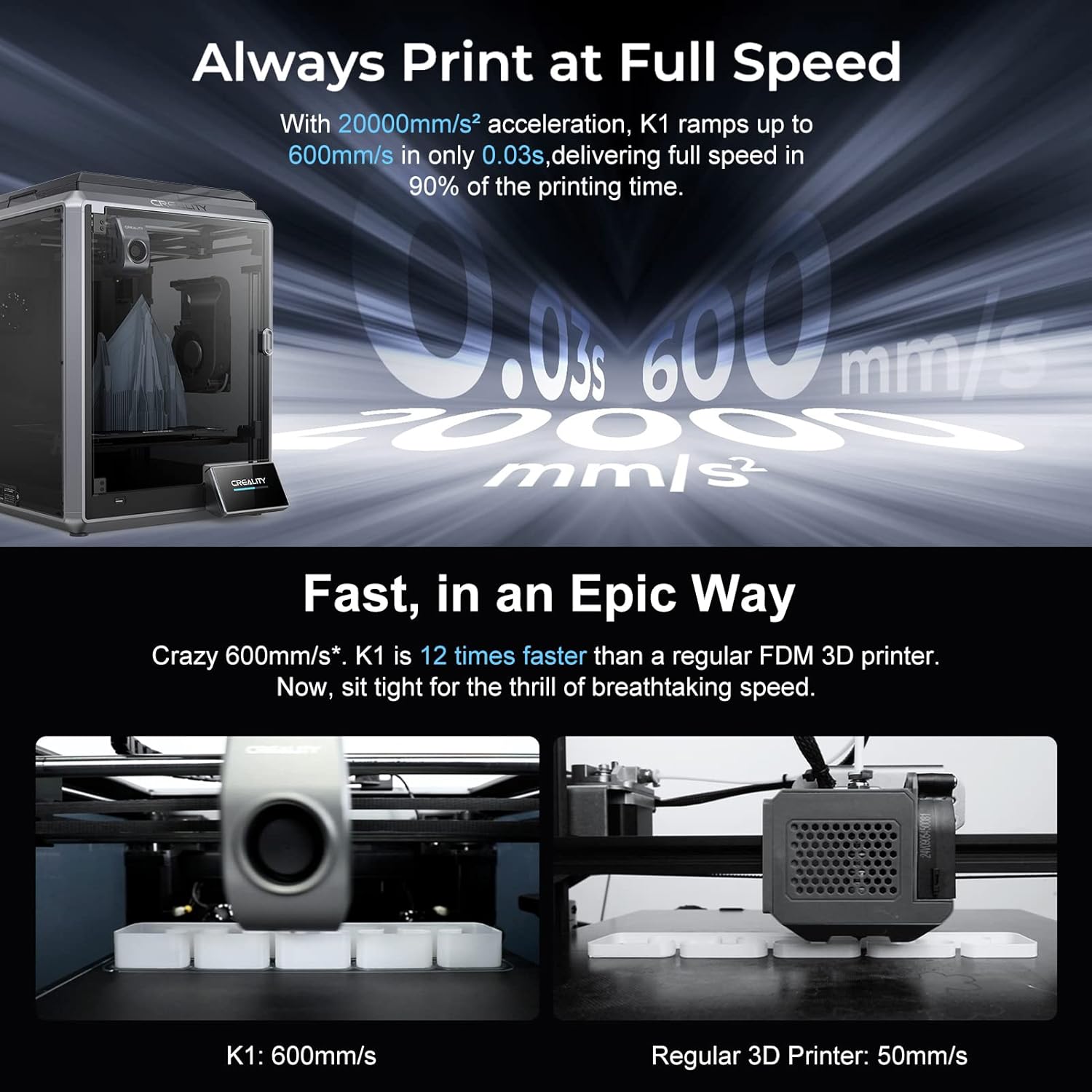 Official Creality K1 3D Printer Speedy Printing Machine,600mm/s High Speed,WiFi Control,Self-test,No Ring&Z-Banding,Auto Leveling,Extensible,Unibody Die-Cast,Out of Box,Smarter,12x faster(with K1 PEI)