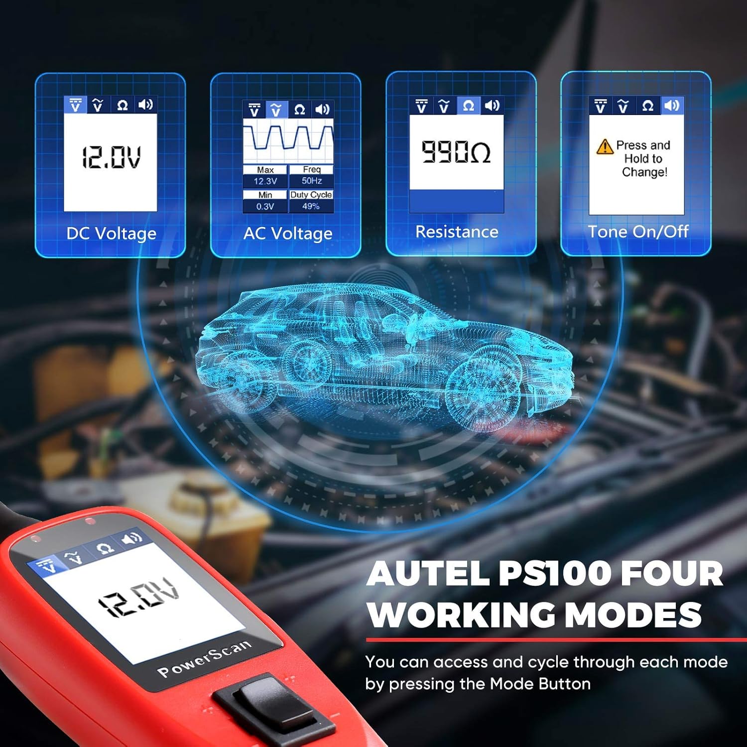 Autel Power Circuit Probe Kit, PS100 Powerscan Automotive Circuit Tester, Electrical System Diagnosis Tool Car Voltage Tester Digital Voltmeter Red