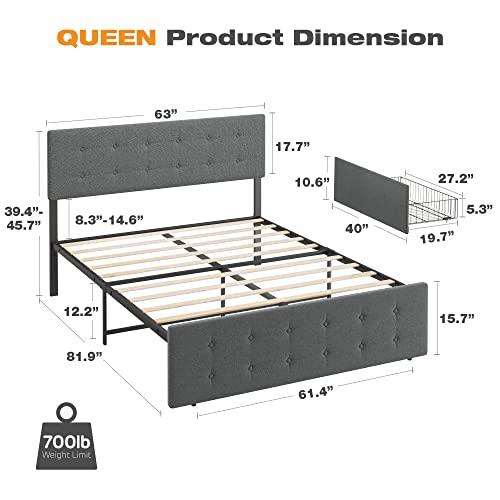 Queen Frame with 4 Storage Drawers,Grey Queen Size Upholstered Platform Bed Frame with Headboard and Wooden Slats Support No Box Spring Needed