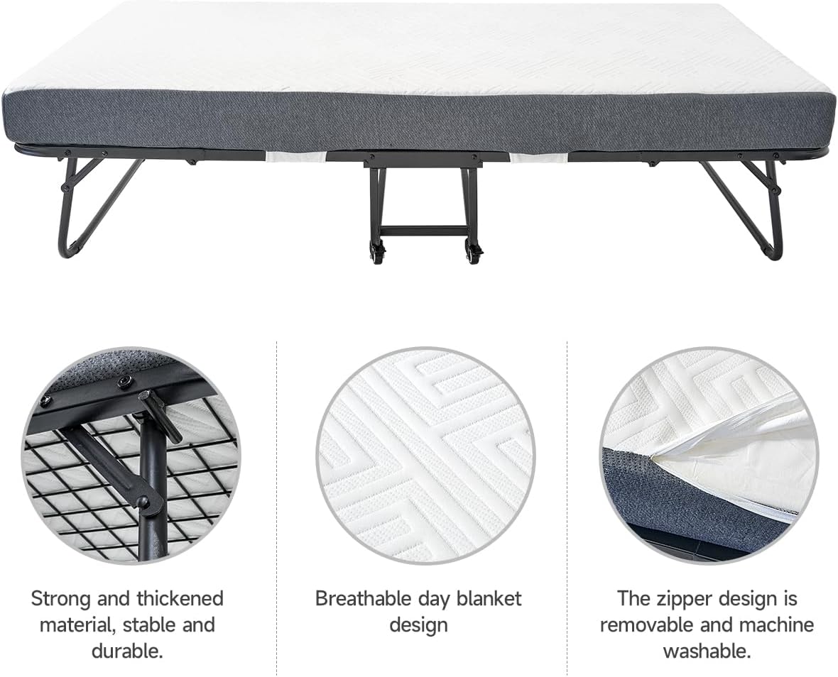 Folding Bed, (with 5.2" Thick Memory Foam Mattress), 79 * 35inch, Portable Foldable Adult with Mattress for Guest use, Metal Folding Frame, Reinforced Metal mesh, can Hold up to 550 lbs (Tau-ZDD)