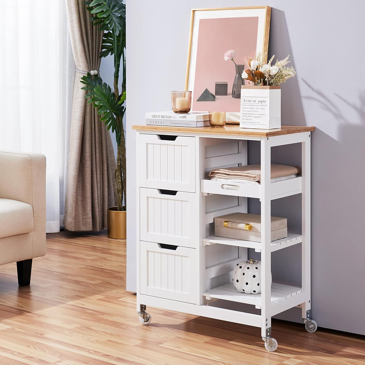 Topeakmart Rolling Kitchen Cart with Drawers and Open Shelves, Kitchen Island Serving Cart with Bamboo Top for Dinning Room, Laundry, White