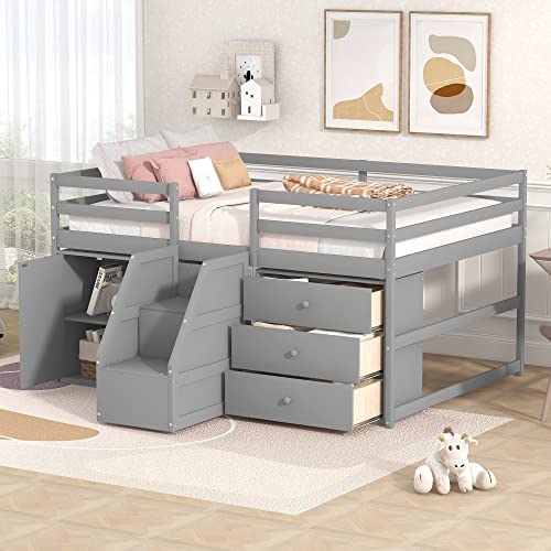 Full Size Low Loft Bed with Retractable Writing Desk, Storage Bed with 4 Drawers and Shelves, Wooden Loft Bed with Lateral Portable Desk for Kids Teens Adults Bedroom (White-Full)