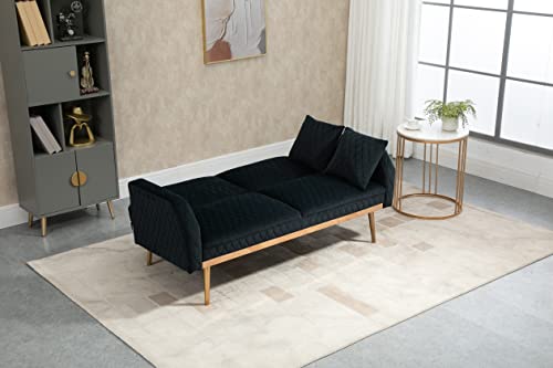 Modern Velvet Loveseat,Convertible Sleeper Futon Sofa Bed with Metal Legs and 2 Throw Pillows for Living Room, Bedroom (Black)