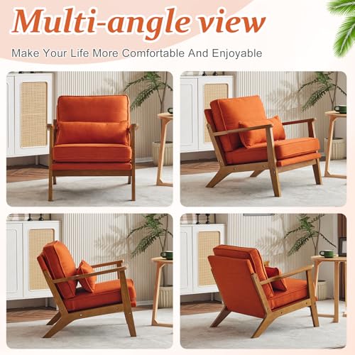 VINGLI Solid Wood Wide Armrests Accent Chair Set of 2,Upholstered Mid Century Modern Chair with Pillow,Comfy Reading Chair,Chairs Living Room,Bedroom,Guest Room,Linen Fabric,Navy Blue