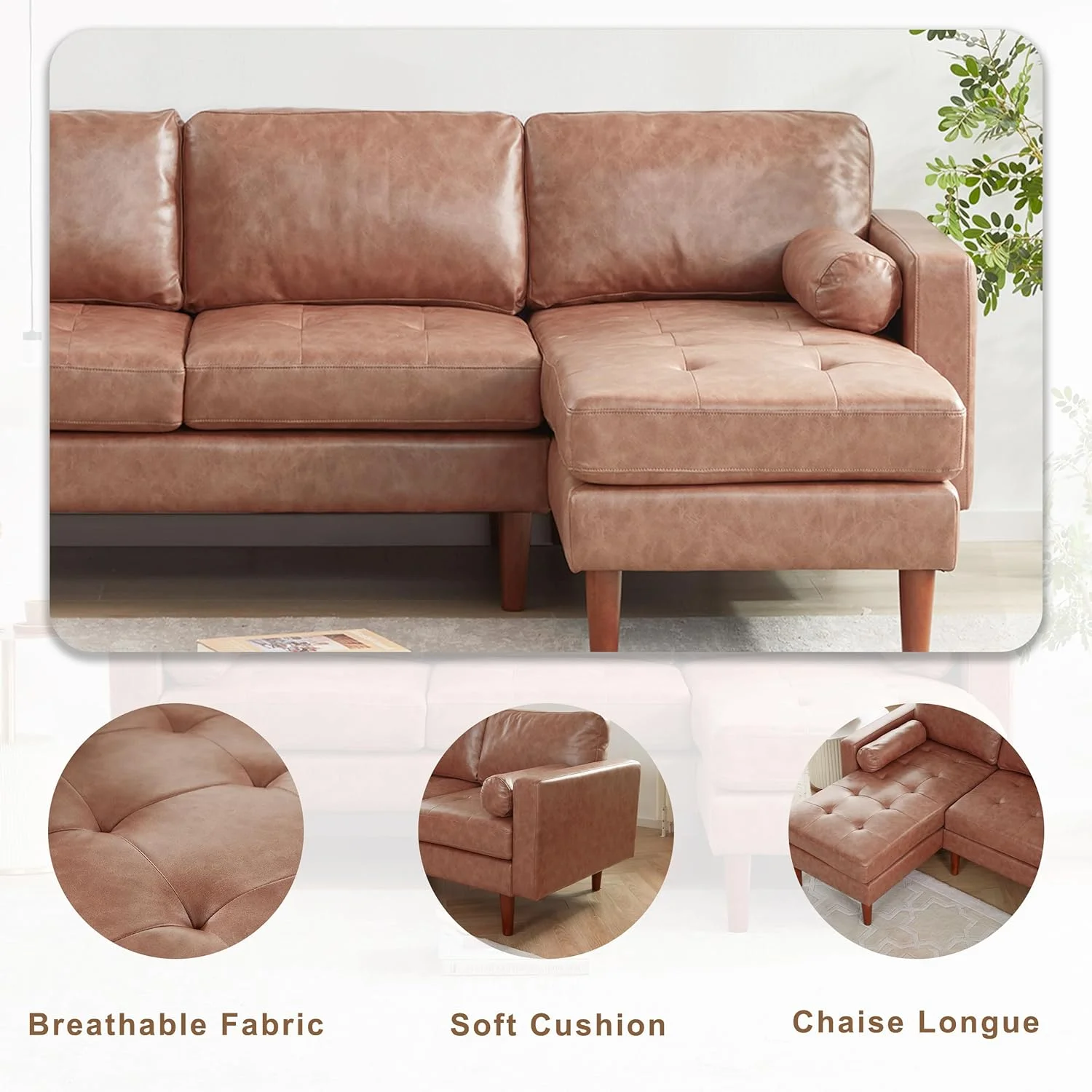 80" W Sectional Sofa Couch, L Shaped Couch with Reversible Chaise, Mid Century Modern Leather Couches for Living Room Apartment Small Space, Convertible Sofa with Tufted Seat Cushion, Brown