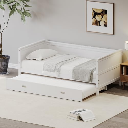 Harper & Bright Designs Twin Size Solid Wood Daybed with Trundle for Kids Teens Dorm Bedroom Multipurpose Guest Room or Home, White