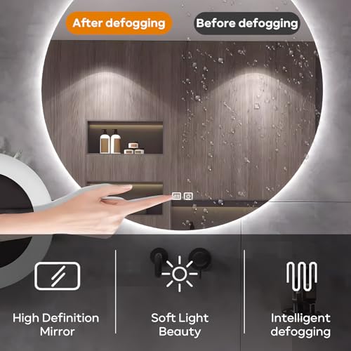 Bathroom Vanity - Floating Bathroom Vanity with Sink & Round LED Defog Mirror with Lights, Modern Bathroom Vanity with Drawer and Floating Shelf, Solid Wood, Wall Mounted(White, 36")