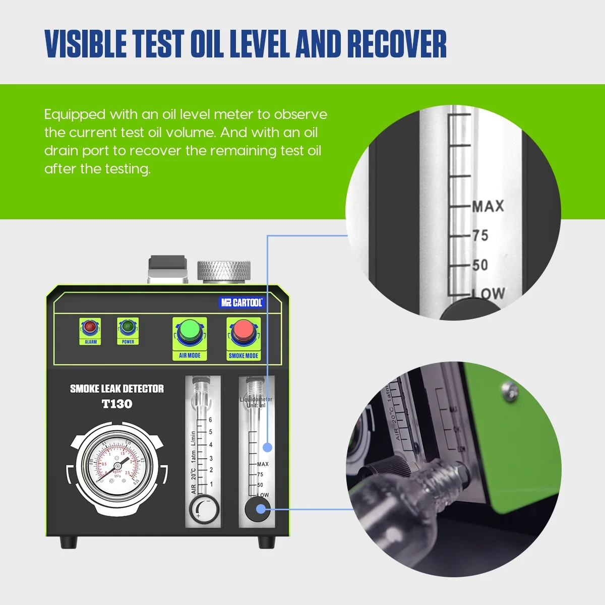 Auto Smoke Leak Detector, EVAP Vacuum Smoke Machine, Pipe System Leakage Tester Analyzer, Vehicle Diagnostic Tool W/ Oil Level Adjustable Flowmeter for Car Motorcycles Truck Boat, T130
