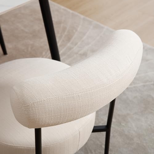 Shunzhi Modern Linen Fabric Dining Chairs Set of 2 Upholstered Dining Room Chairs with Round Seat, Kitchen Chairs Accent Side Chair with Barrel Back/Black Metal Legs for Kitchen/Dining Room, Beige