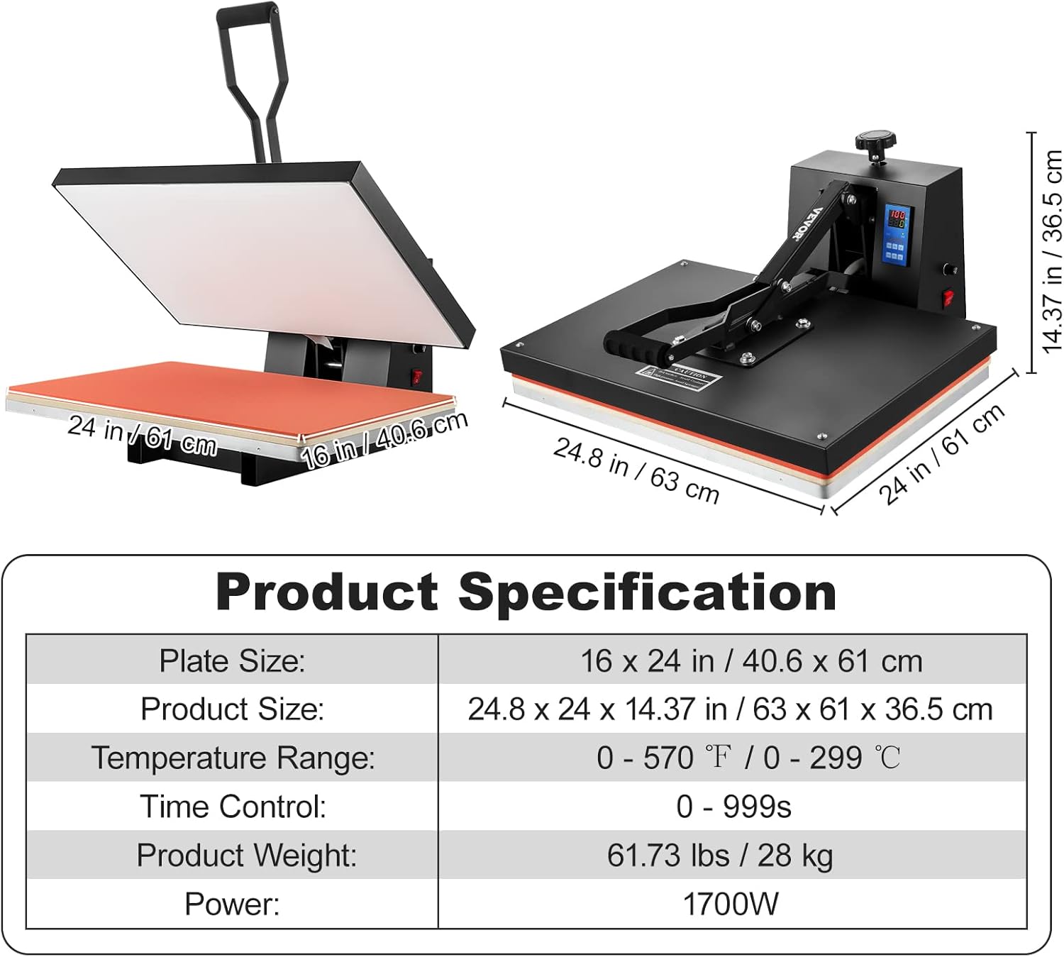 VEVOR Heat Press Machine, 16x24in / 40x61cm, Clamshell Sublimation Transfer Printer Teflon Coated, Digital Precise Heat Control, Silicone Sponge Powerpress for T-Shirt Bag Pad Pillow
