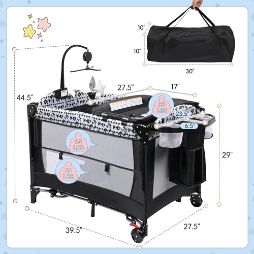 Xilingol 5-in-1 Pack and Play, Baby Bassinet Bedside Sleeper with Diaper Changer, Storage Bag & Music Box, Portable Baby Crib with Carry Bag, Foldable Playard with Bassinet for Newborn to Toddlers