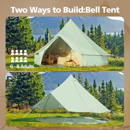 Cotton Canvas Bell Tent, Waterproof Large Tents with Sturdy Center & Door Pole and Space for 4/6/8 Person All 4 Season Camping Yurt Tent