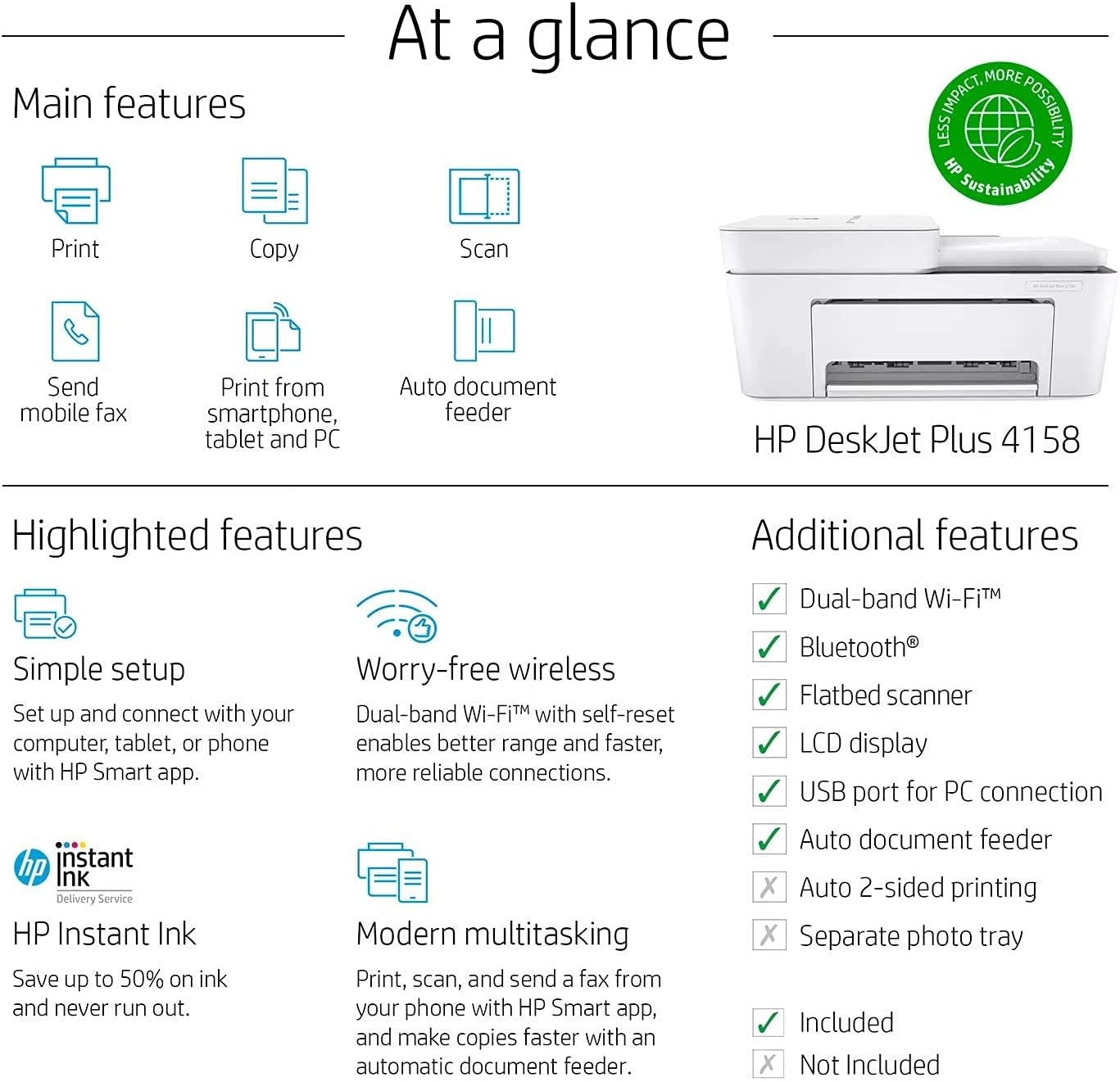 HP DeskJet Plus 4158 All-in-One Wireless Printer, Scan, Copy, Instant Ink Ready, 7FS76A (Renewed)