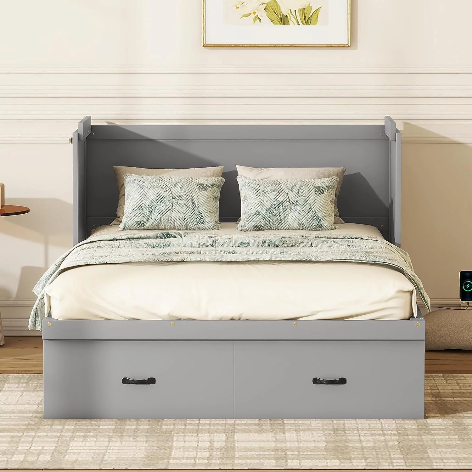 Tabaray Modern Murphy Bed with Movable Desk, Solid Wood Queen Size Foldable Platform Bed with 2 Storage for Teens Adults Bedroom, Maximize Space Savings (Gray)