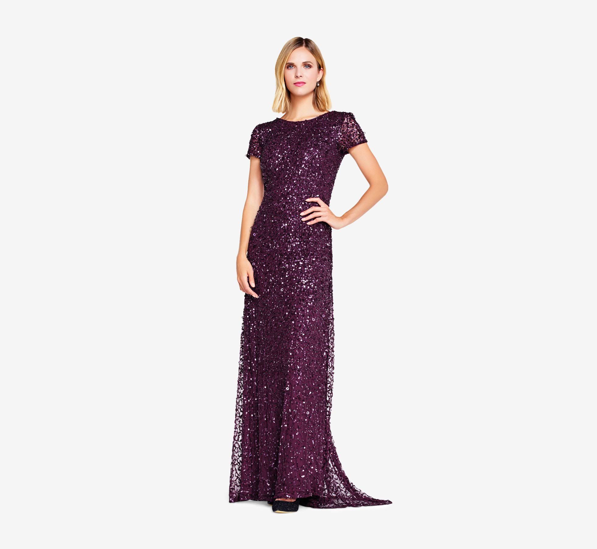 Adrianna Papell Petite Scoop Back Sequin Gown, Cabernet, Size: 2