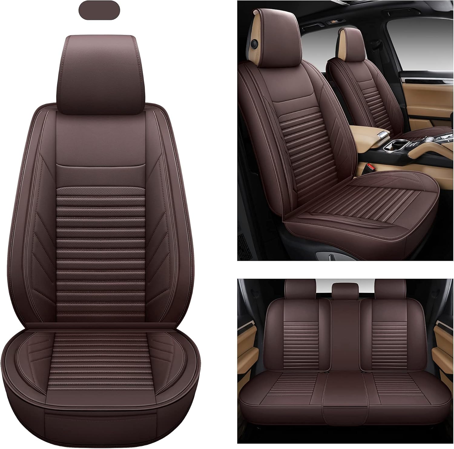 AOOG Leather Car Seat Covers, Leatherette Automotive Seat Covers for Cars SUV Pick-up Truck, Non-Slip Vehicle Car Seat Covers Universal Fit Set for Auto Interior Accessories, Full Set, Black.