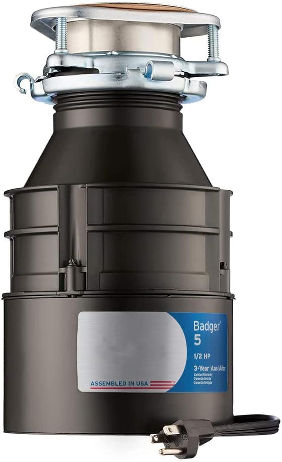 Garbage Disposal with Cord, Badger 5, 1/2 HP Continuous Feed, Black