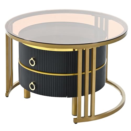 Modern Round Coffee Table, Nesting Table with Brown Tempered Glass and High Gloss Marble Tabletop, Glass Coffee Table for Living Room, Bedroom, Apartment (Golden Black)