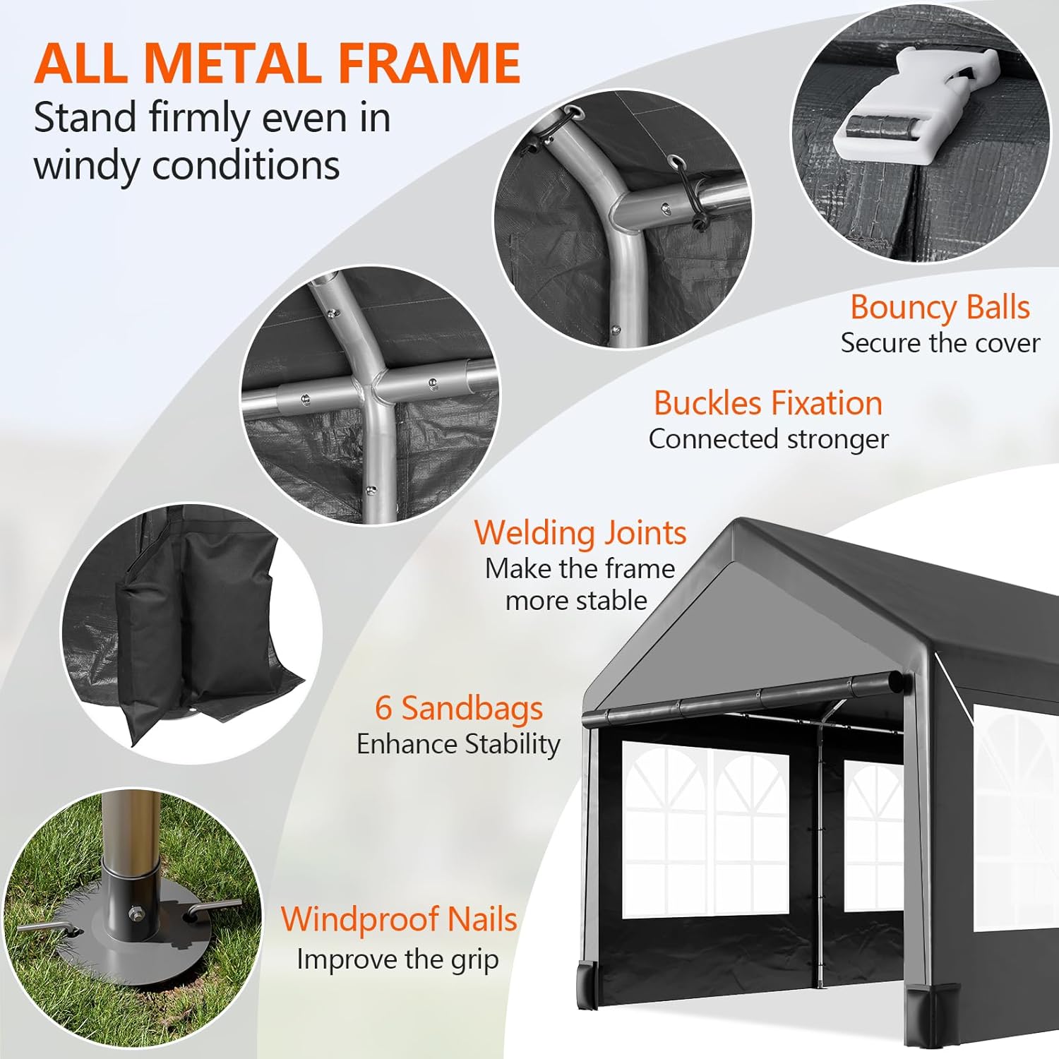 10 * 20 Heavy Duty Carport Canopy, Portable Car Tent Garage with 6 Roll-up Windows and All-Season Tarp Cover, Metal Roof & 4 Sandbags for Car, SUV, Truck & Boat, Grey