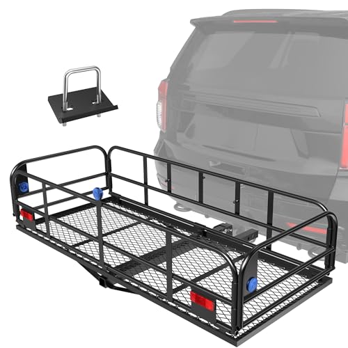 500 Lbs Folding Rack Hitch Mount Cargo Carrier, 2" Hitch Receiver, 60" x 24" x 14" Size,Bolt Lock Luggage Basket Heavy Duty Hitch Rear Trailer Cargo Rack Compatible for SUV Truck Pickup