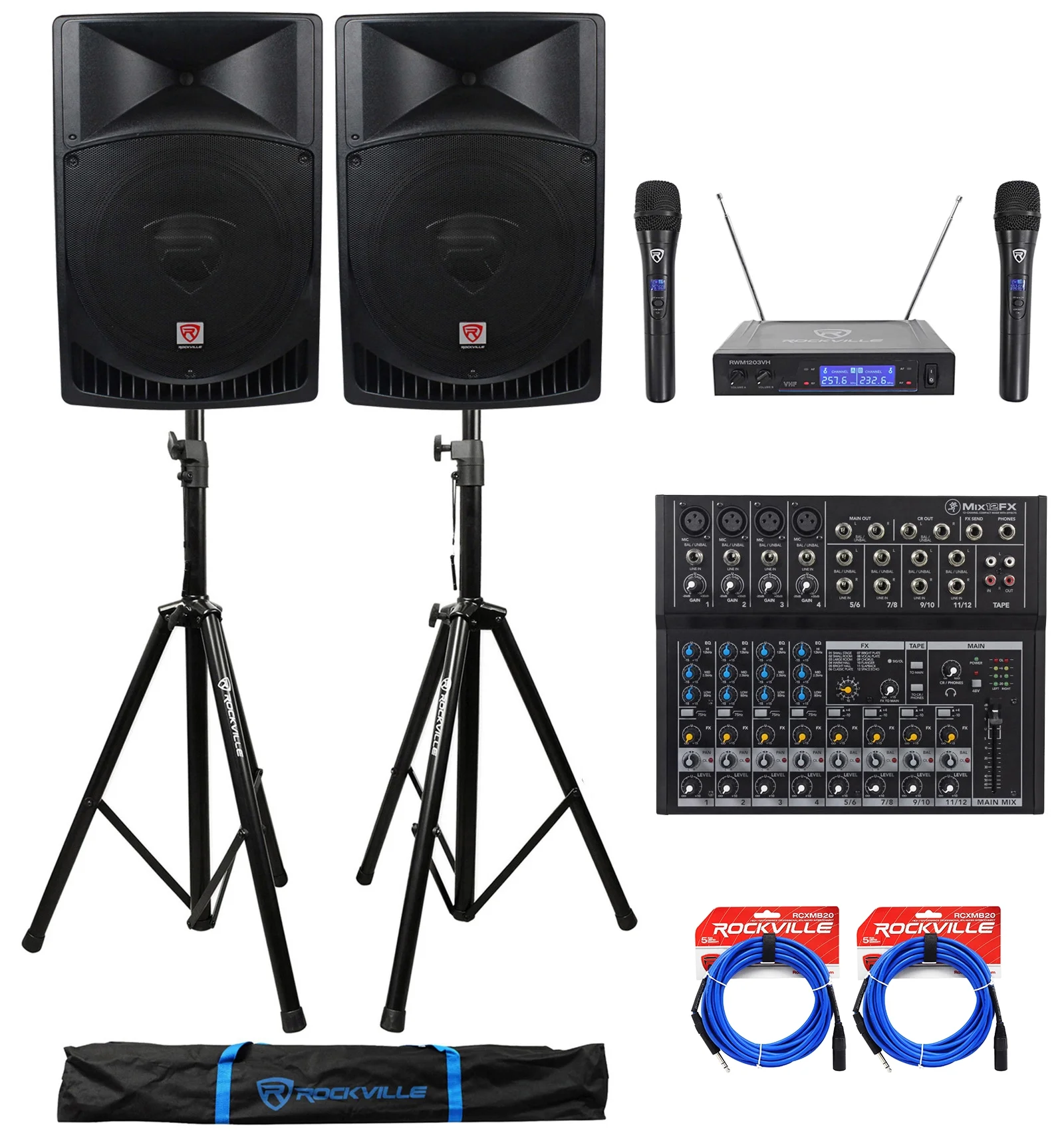 (2) Rockville RPG15 15" 2000w Active PA/DJ Speakers+Mixer+Mic+Stands+Cables+Bag