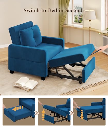 Sleeper Sofa Chair, 3 in 1 Convertible Sleeper Chair with Adjustable Backrest, 32" Pull Out Couch Bed 400lbs Support, Comfy Velvet Small Sofa Bed for Small Space with Pillow & 2 Pockets, Blue