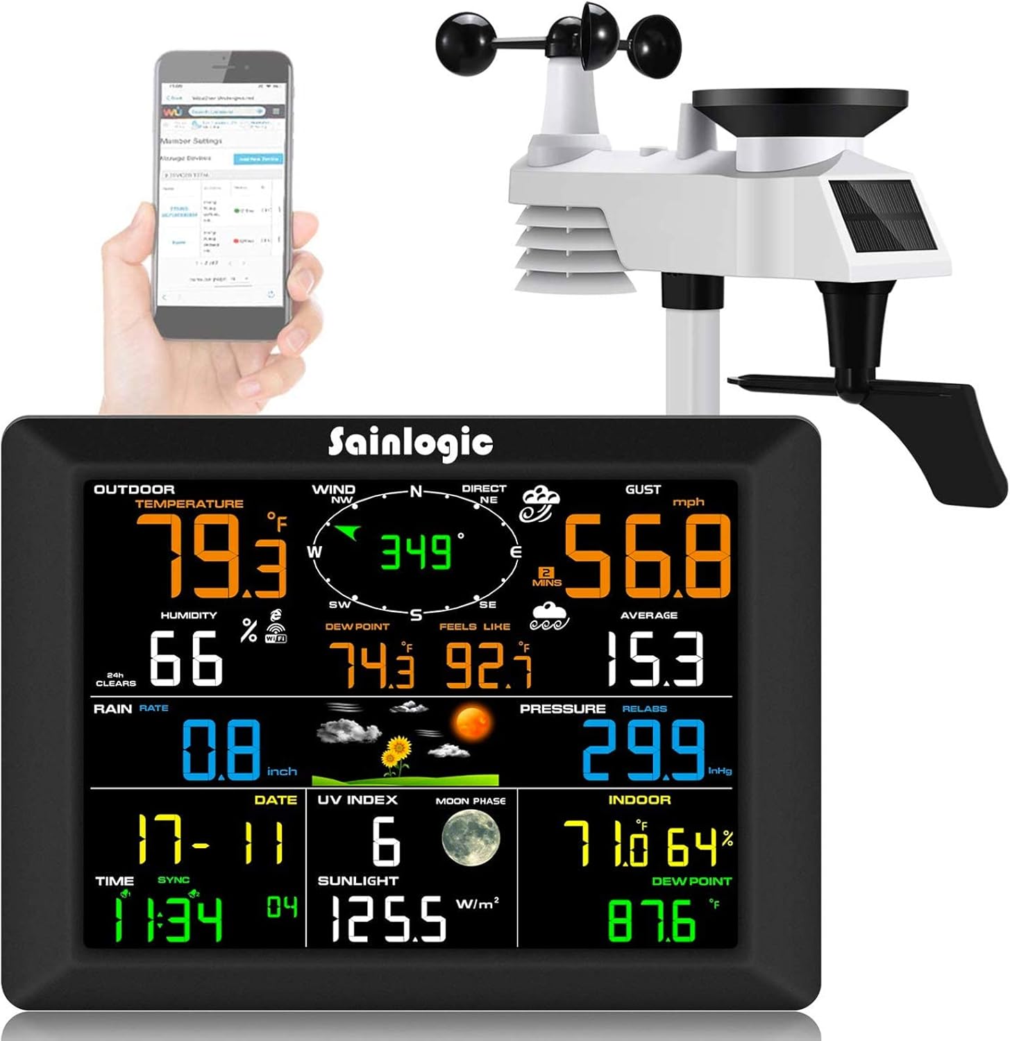 Sainlogic Professional WiFi Weather Station, Internet Wireless Weather Station W/ Outdoor Sensor, Rain Gauge, Weather Forecast, Wind Gauge, Wunderground (Black)