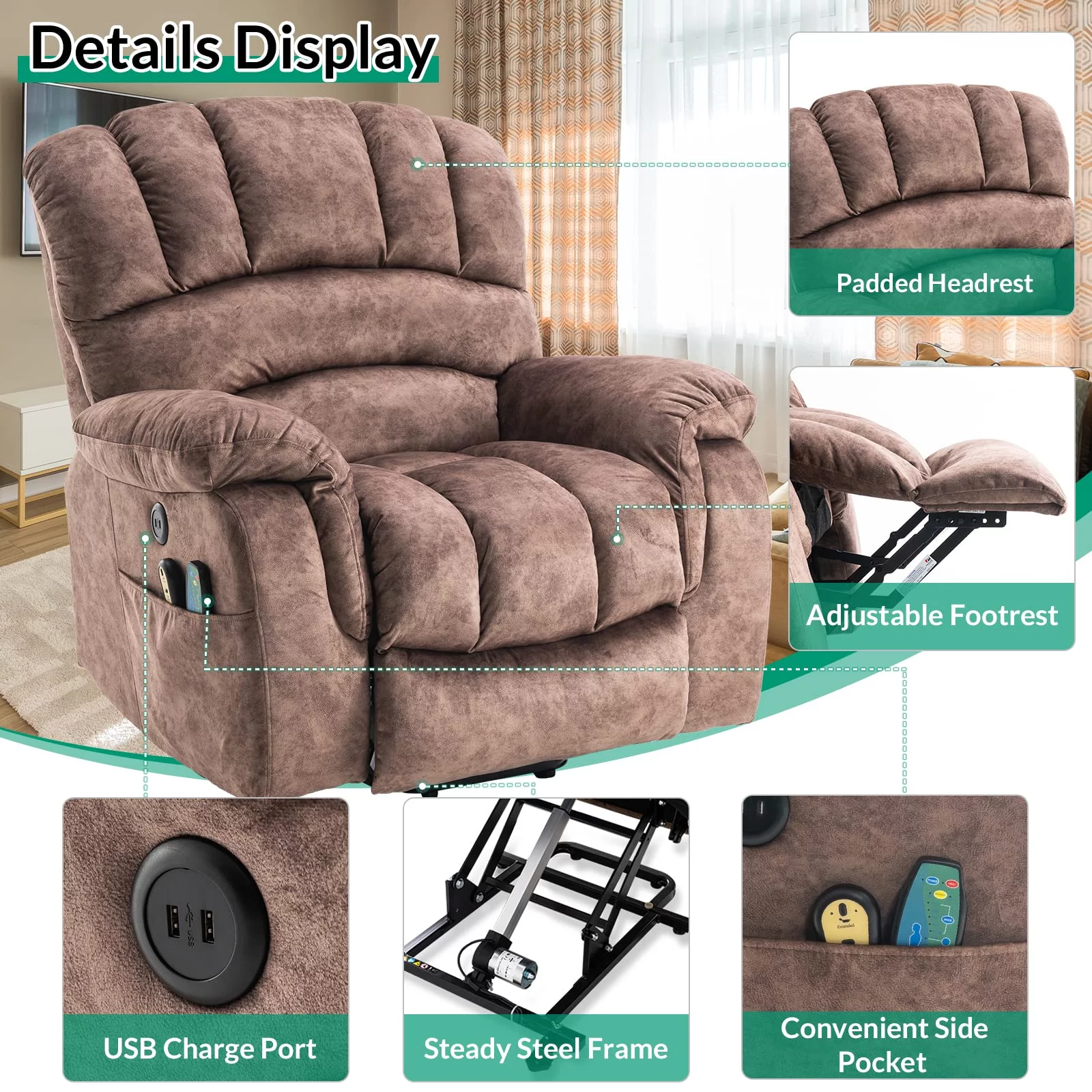VIVIJASON Heavy Duty and Safety Motion Overstuffed Recliners with Heat & Massage for Elderly People, Large Electric Power Lift Recliner Chair with 2 Remote Controls, Side Pockets & USB Ports, Brown