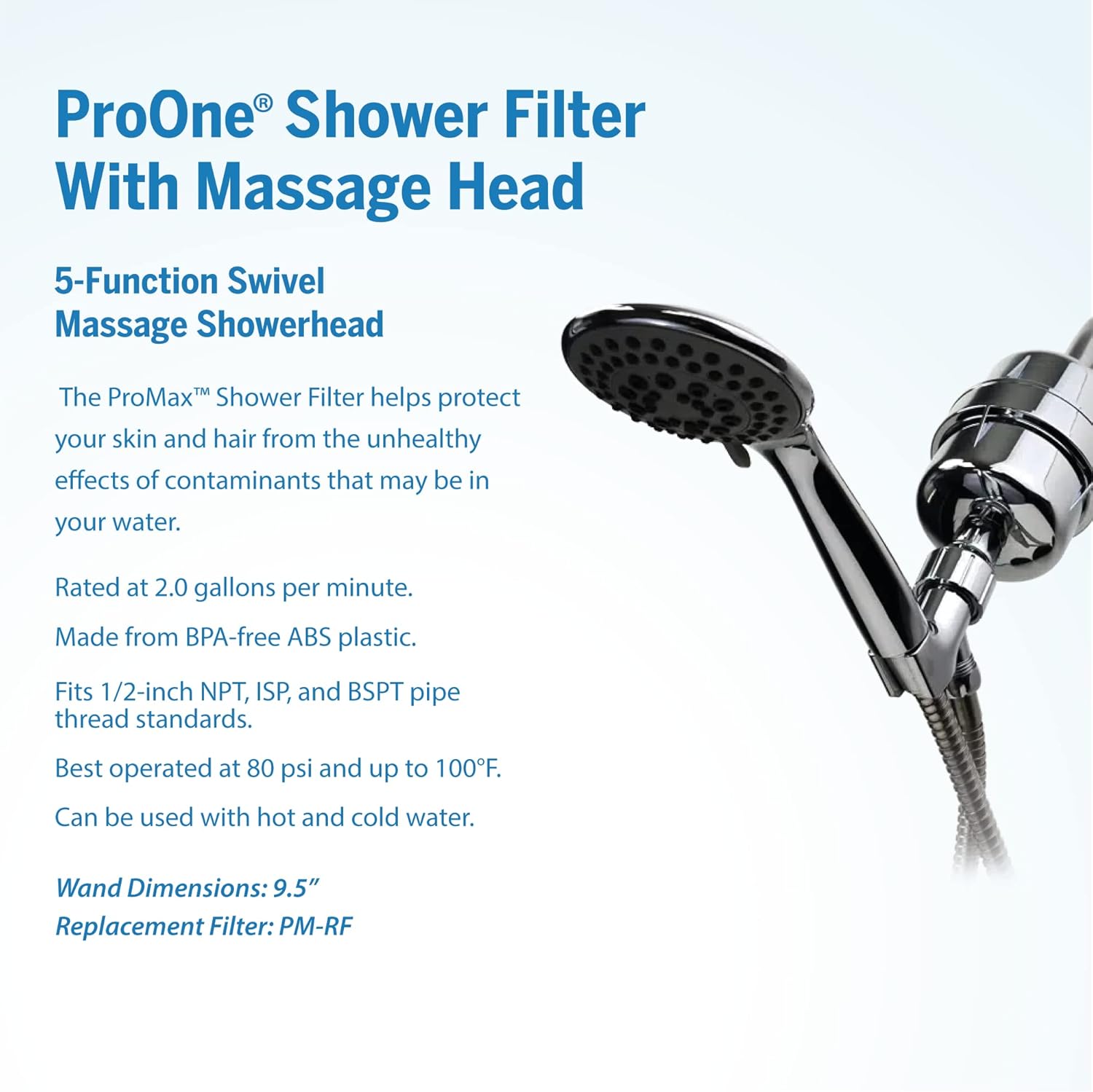 ProOne ProMax Brushed Nickel Handheld Shower Filter w/ 5 Function Massager and 6’ Stainless Steel Flex Hose - Water Filter Cartridge - Great for Dry Skin and Hair