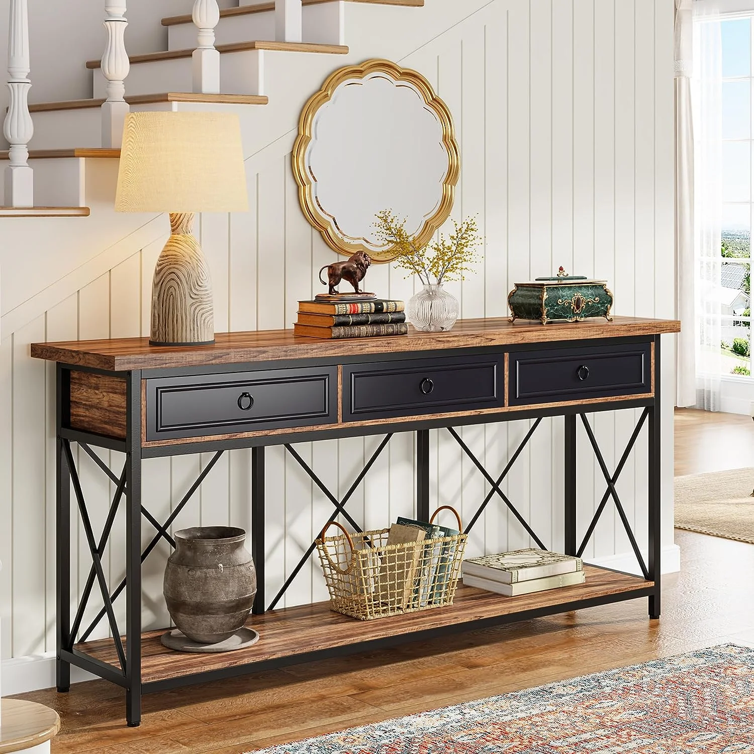 Tribesigns 70.8" Console Table with 3 Drawers, Farmhouse Entryway Table with Storage Shelf for Entryway, Hallway (Brown/Black) - Curated Treasures Market