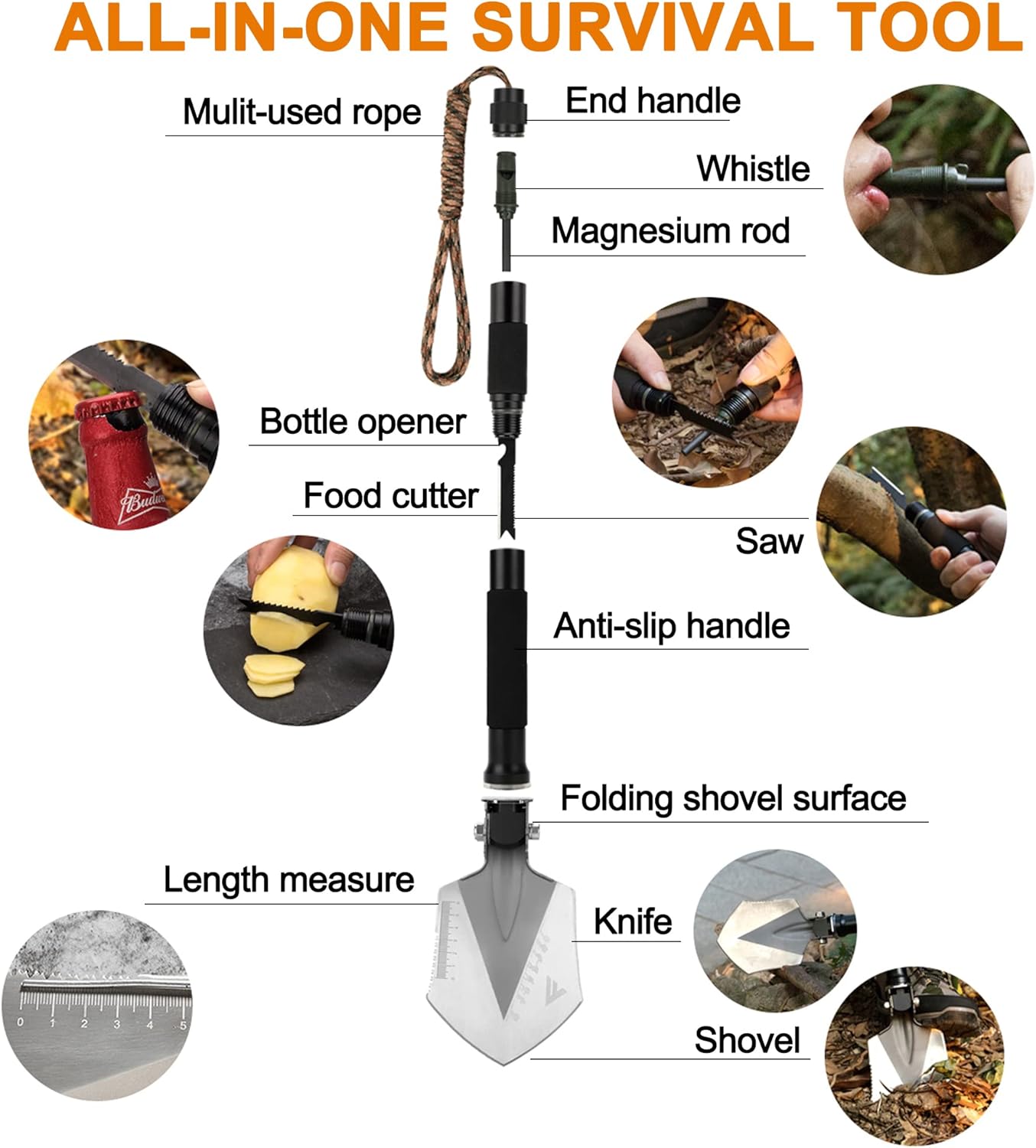FiveJoy Military Folding Shovel Multitool (C1) - Portable Foldable Survival Tool - Entrenching Backpack Equipment for Hiking Camping Emergency Car - Gifts for Men Dad Husband