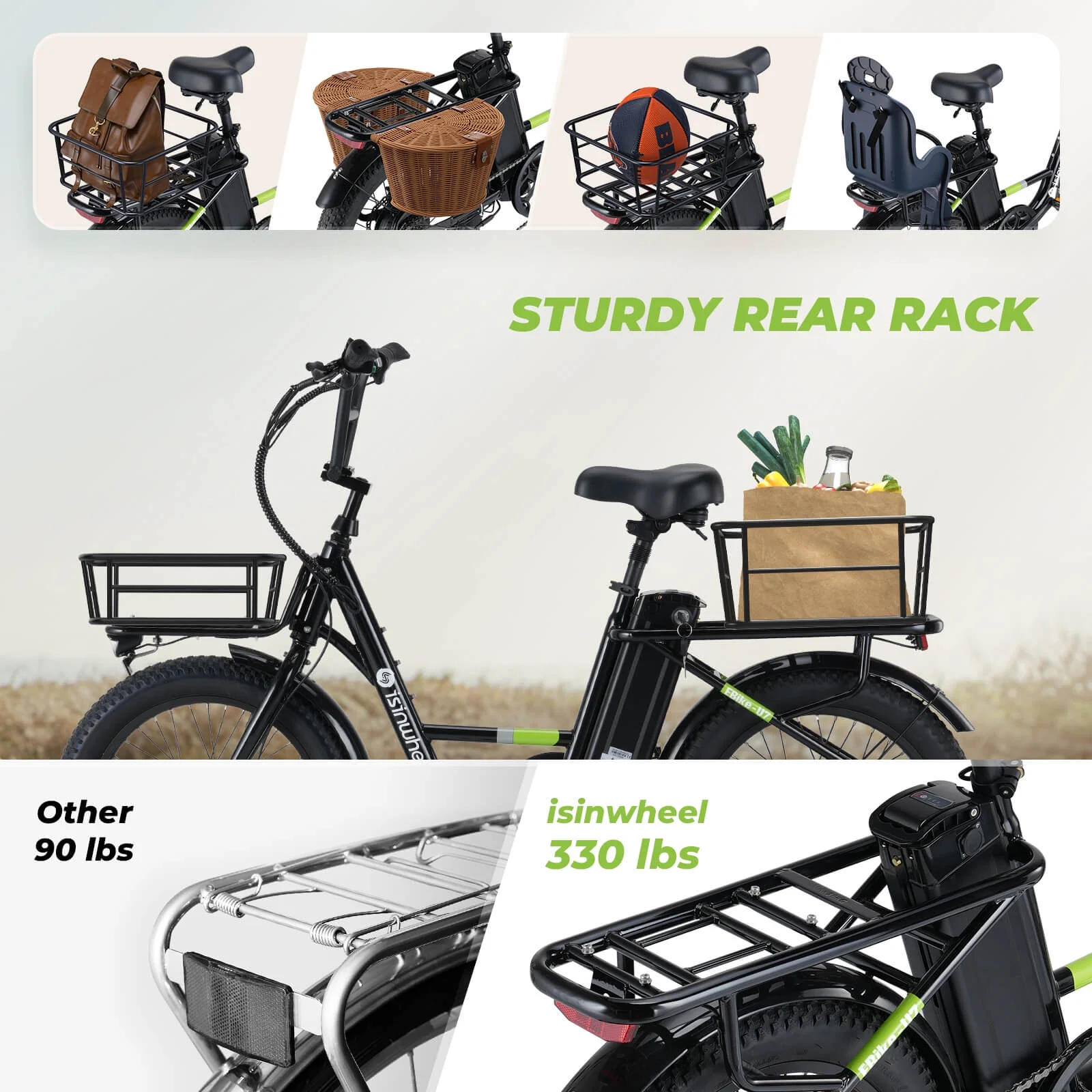 isinwheel U7-W Electric Bike for Adults, 500W 20 MPH Max Range 55+Miles Cargo Bike, 48V Removable Battery Adult Electric Bicycles, Oversized 20" Tires Ebikes for Adults