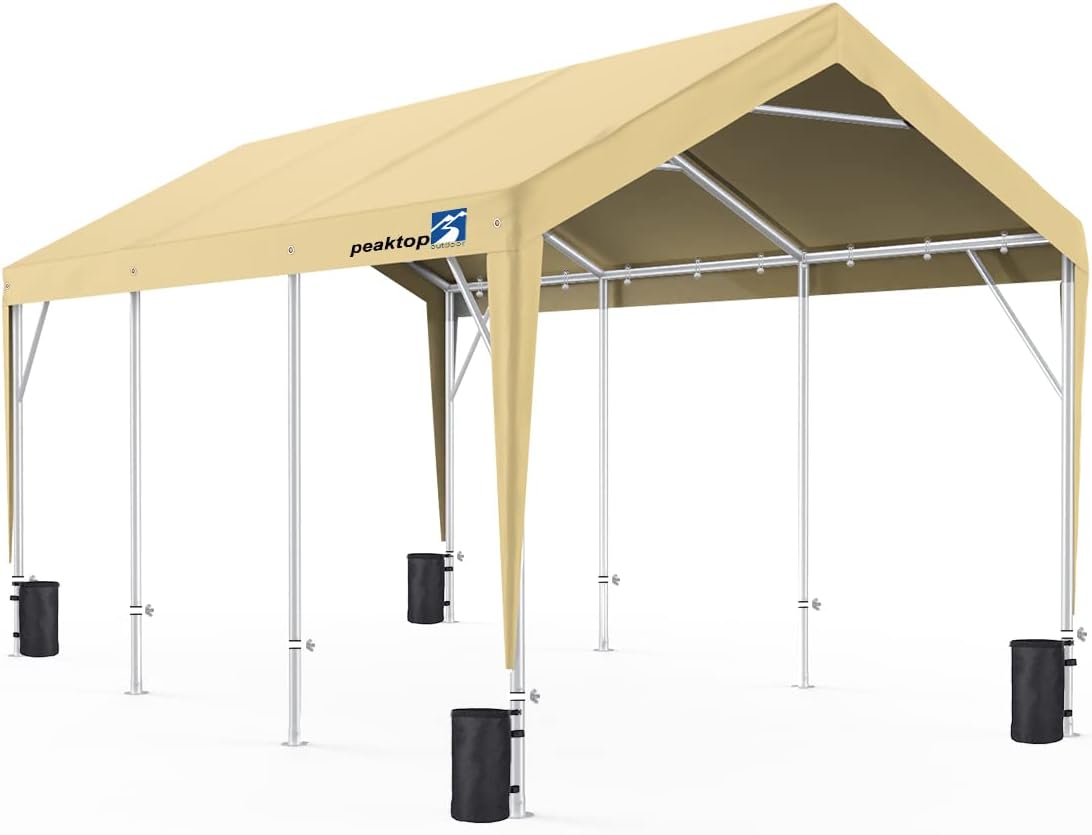 PEAKTOP OUTDOOR 10 x 20 ft Upgraded Heavy Duty Carport with Adjustable Heights from 9.5ft to 11.0ft, Portable Car Canopy, Garage Tent, Boat Shelter with Reinforced Triangular Beams and 4 Weight Bags