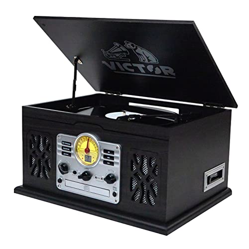 VICTOR State 7-in-1 Turntable Music Center with 3-Speed Record Player, CD/MP3/Cassette Player, FM Radio, Dual Bluetooth in & Out, and Built-in Stereo Speakers, Graphite
